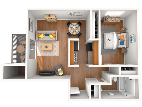 A 3D rendered image of a small apartment layout.